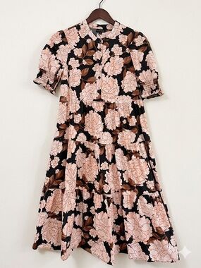 Who What Wear Black Floral Button-Up Blouse with Pink and Brown Blooms